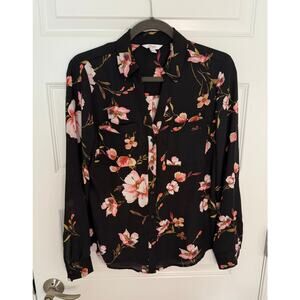 Candie’s Women’s Floral Button Down Blouse Black Pink Long Sleeve Size S
